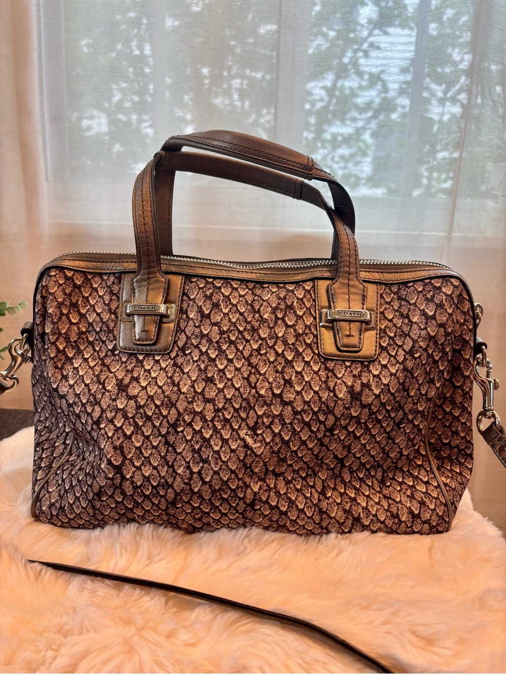 Coach Brown Snake-Print Leather Satchel with Top Handles